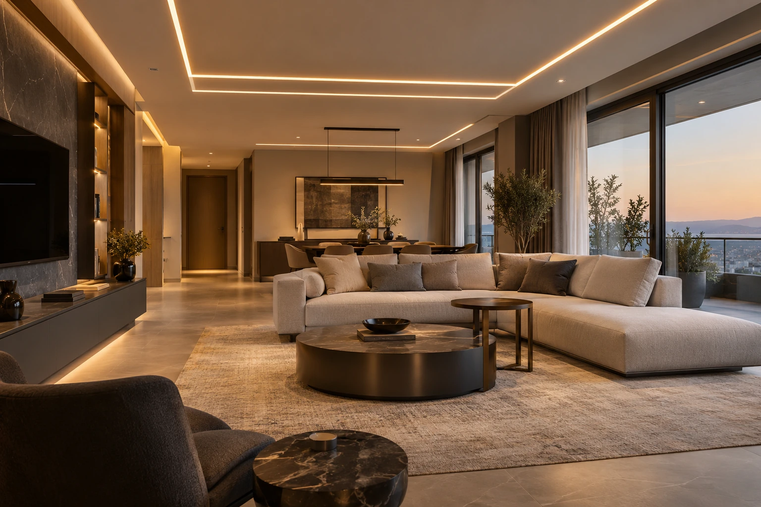 Lineer LED ve dekoratif aydınlatmalı modern yaşam alanı, temsili görsel